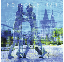 Molecule Man Kunstwerk mit Stadthintergrund