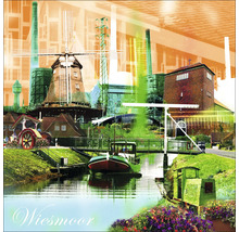 Fotocollage von Wiesmoor mit Windmühle, Fabrik und Kanal