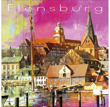 Illustration der Stadt Flensburg mit Hafenansicht, Gebäuden und Segelboot