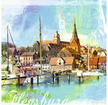 Illustration mit Segelbooten und der Stadt Flensburg