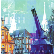 Historische Stadtansicht mit Kran und Gebäuden