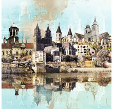 Illustration der Magdeburger Skyline mit Spiegelung im Wasser