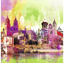 Illustration der Stadt Magdeburg mit Gebäuden und Denkmälern