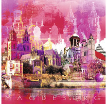 Illustration der Stadt Magdeburg mit verschiedenen Gebäuden und Sehenswürdigkeiten.