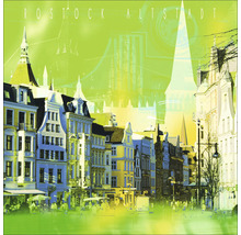 Illustration der Rostocker Altstadt mit Häusern und Kirchtürmen