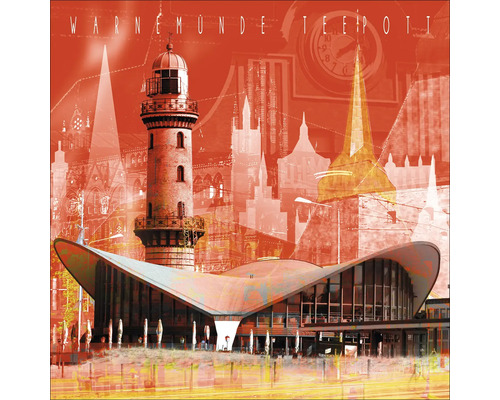 Collage mit dem Teepott Warnemünde und dem Leuchtturm Warnemünde