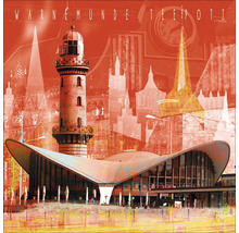 Illustration der Skyline von Warnemünde mit Leuchtturm und Teepott