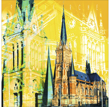 Abbildung einer Kirche mit Turm und Uhr