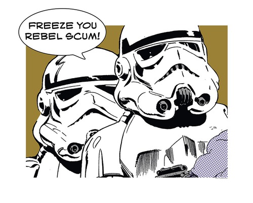 Druck von zwei Stormtroopern mit dem Text Freeze You Rebel Scum