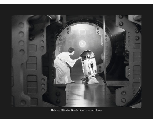 Schwarzweiß-Szene aus Star Wars mit Prinzessin Leia und R2-D2 in einem Raumschiff.