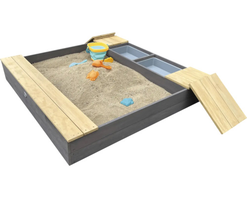 Sandkasten aus Holz mit Sandspielzeug und Abdeckung