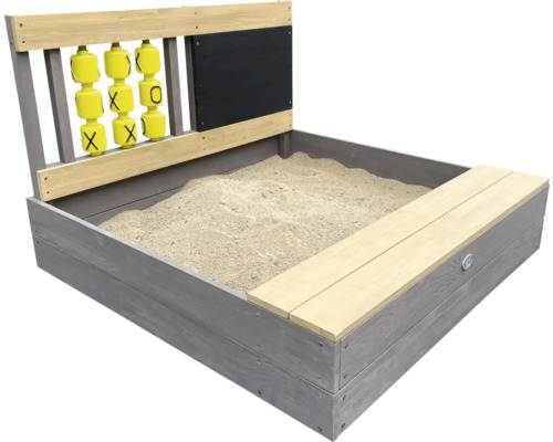 Sandkasten aus Holz mit Sitzbank, Spielzeug und Tafel