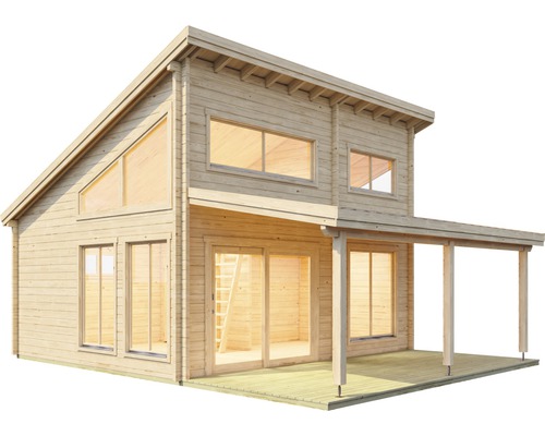 Zweigeschossiges Blockhaus mit großen Fenstern und überdachter Terrasse.