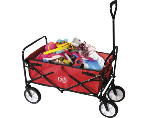 Roter Bollerwagen mit Spielzeug und Kleidung gefüllt