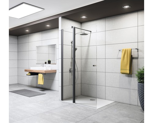Modernes Badezimmer mit Dusche, Waschbecken und Handtuchhalter