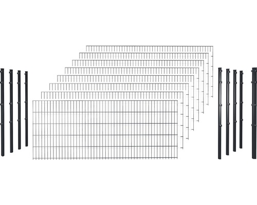 Doppelstabmattenset 6/5/6 inkl Pfosten mit 1 Eckpfosten mit Klemmhalter 203 cm x 20 m, anthrazit