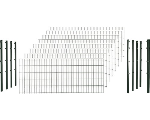 Doppelstabmattenset 6/5/6 inkl Pfosten mit 1 Eckpfosten mit Klemmhalter 163 cm x 20 m, grün