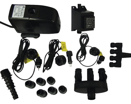 LED-Set HEISSNER 3-er LED für Steinbrunnen, komplett mit Pumpe, Trafo Springbrunnenpumpe Set mit Verteiler, Adapter und LED-Beleuchtung