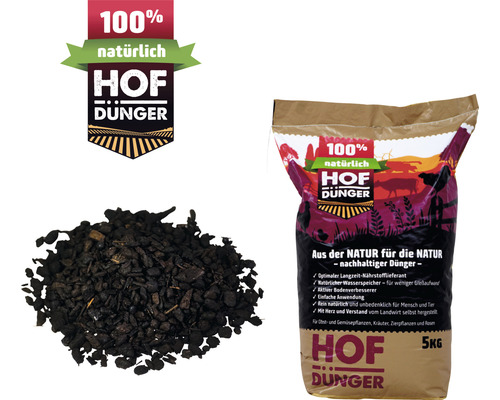 Hofdünger, ein natürlicher Langzeitdünger, im 5 Kilogramm Sack mit Haufen Dünger