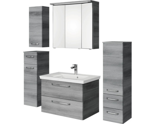 Badmöbel-Set Pelipal Kumba BxHxT 140 x 200 x 51 cm Frontfarbe graphit struktur quer 5-teilig und mehr mit Mineralguss-Waschtisch, Midischrank, Unterschrank und Wandschrank 99.770221193 Komplettes Badezimmerset mit Waschbeckenunterschrank, Spiegelschrank und zwei Hochschränken