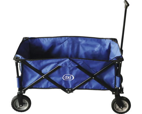 Blauer Bollerwagen mit schwarzen Rädern und schwarzem Gestell