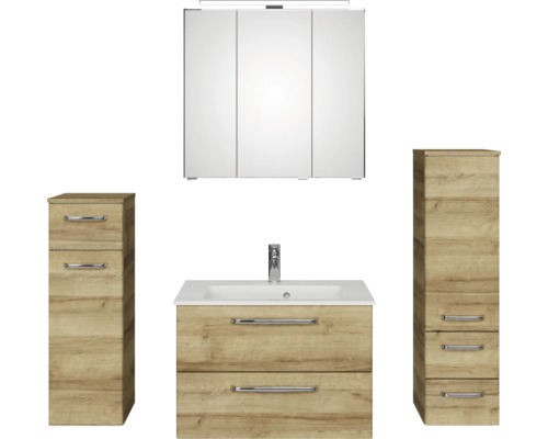 Badezimmer-Set mit Waschtischunterschrank, Waschbecken, Spiegelschrank und zwei Hochschränken
