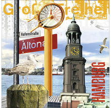 Hamburg Collage mit Michel, Möwe und Hafen