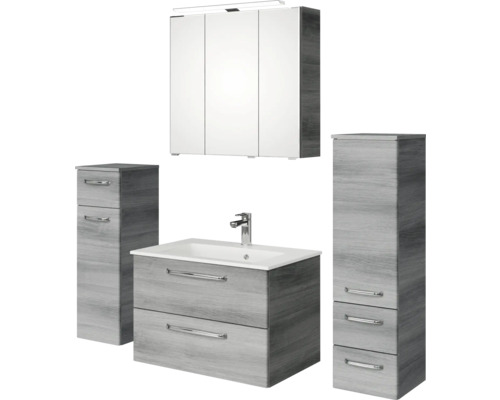 Badmöbel-Set Pelipal Kumba BxHxT 137 x 200 x 50 cm Frontfarbe graphit struktur quer 5-teilig und mehr mit Mineralguss-Waschtisch, Midischrank und Unterschrank 99.770126192 Badezimmerset mit Waschtischunterschrank, Waschbecken, Spiegelschrank und Hochschränken in Holzoptik