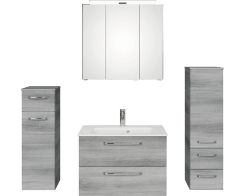 Komplettes Badezimmerset mit Waschtischunterschrank, Waschbecken, Spiegelschrank und zwei Hochschränken.