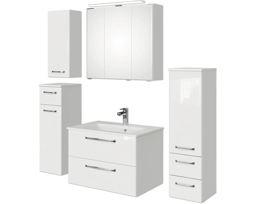 Badmöbel-Set Pelipal Kumba BxHxT 137 x 200 x 50 cm Frontfarbe weiß glanz 5-teilig und mehr mit Mineralguss-Waschtisch weiß, Midischrank, Unterschrank und Wandschrank 99.770126093 Komplettes Badezimmerset mit Waschbeckenunterschrank, Spiegelschrank und Hochschränken