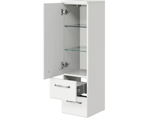 Hochschrank mit Tür, zwei Schubladen und zwei Glasböden für Badezimmer