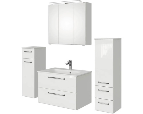 Badmöbel-Set Pelipal Kumba BxHxT 137 x 200 x 50 cm Frontfarbe weiß glanz 5-teilig und mehr mit Mineralguss-Waschtisch weiß, Midischrank und Unterschrank 99.770126092 Badezimmer Set mit Waschtisch, Spiegelschrank und Hochschränken