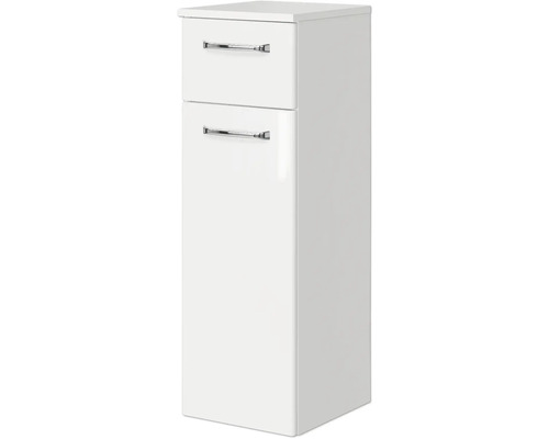 Weißer Badezimmer-Hochschrank mit zwei Schubladen und Griffen.