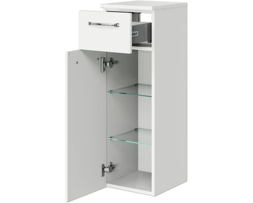 Weißer Bad-Hochschrank mit Schublade, Tür und Glasböden
