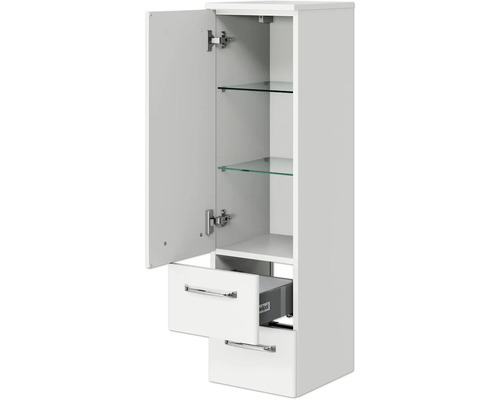 Offener, weißer Badezimmer-Hochschrank mit Glasböden und Schubladen.