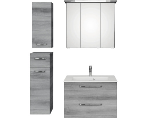 Badezimmermöbelset mit Waschbeckenunterschrank, Spiegelschrank und zwei Hochschränken