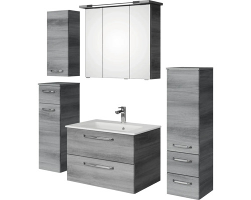 Badmöbel-Set Pelipal Kumba BxHxT 137 x 200 x 50 cm Frontfarbe graphit struktur quer 5-teilig und mehr mit Mineralguss-Waschtisch, Midischrank, Unterschrank und Wandschrank 99.770125193 Badezimmermöbelset mit Waschtisch, Waschbecken, Spiegelschrank und Hochschränken