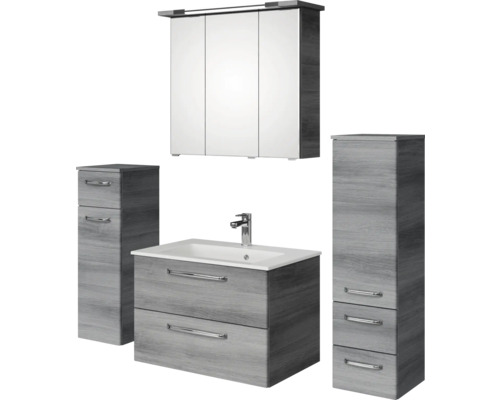 Badmöbel-Set Pelipal Kumba BxHxT 137 x 200 x 50 cm Frontfarbe graphit struktur quer 5-teilig und mehr mit Mineralguss-Waschtisch, Midischrank und Unterschrank 99.770125192 Badezimmerset mit Waschtisch, Waschbecken, Spiegelschrank und zwei Hochschränken