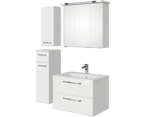 Badmöbel-Set Pelipal Kumba BxHxT 107 x 200 x 50 cm Frontfarbe weiß glanz 5-teilig und mehr mit Mineralguss-Waschtisch weiß, Unterschrank und Wandschrank 99.770125094 Badezimmermöbel Set mit Spiegelschrank, Waschbeckenunterschrank und Hochschrank