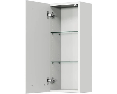 Offener weißer Spiegelschrank mit zwei Glasböden