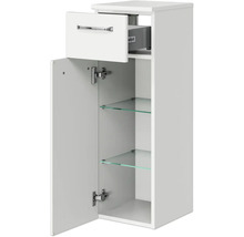 Weißer Waschbeckenunterschrank mit Schublade, Tür und Glasböden für das Badezimmer