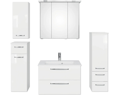 Weißes Badezimmermöbelset mit Spiegelschrank, Waschbeckenunterschrank und Hochschränken
