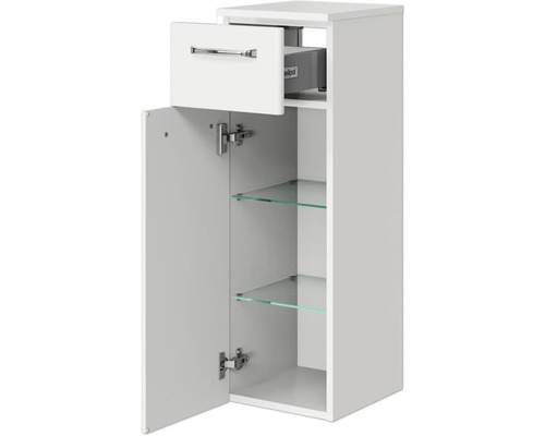 Weißer Hängeschrank mit Schublade und Glasböden für Badezimmer.
