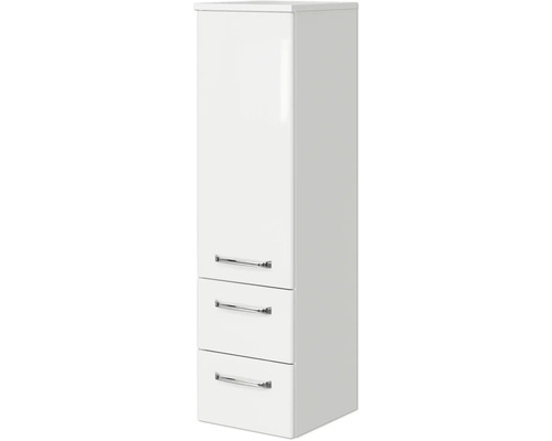 Weißer Bad-Hängeschrank mit drei Schubladen und Griffen.