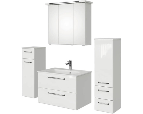 Badmöbel-Set Pelipal Kumba BxHxT 137 x 200 x 50 cm Frontfarbe weiß glanz 5-teilig und mehr mit Mineralguss-Waschtisch weiß, Midischrank undUnterschrank 99.770125092 Badezimmermöbelset mit Spiegelschrank, Waschtisch und zwei Hochschränken