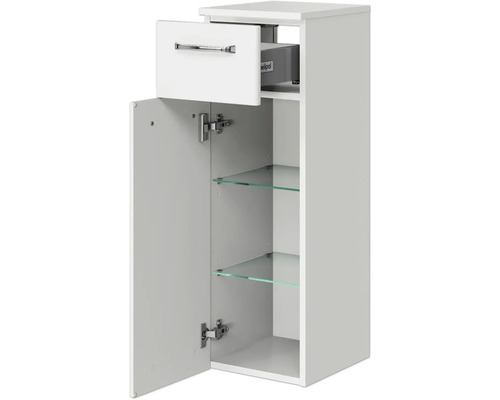 Weißer Bad-Hängeschrank mit Schublade und Tür mit Glasböden