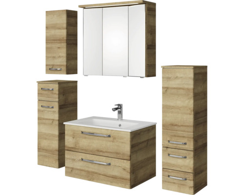 Badmöbel-Set Pelipal Kumba BxHxT 137 x 200 x 50 cm Frontfarbe eiche riviera 5-teilig mit Mineralguss-Waschtisch weiß, Midischrank, Unterschrank und Wandschrank 99.770121473 Badezimmermöbel Set mit Waschtischunterschrank, Waschbecken, Spiegelschrank und Hochschränken