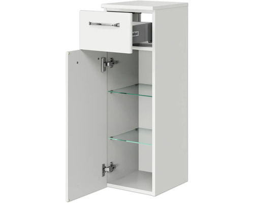 Weißer Badschrank mit Schublade, Tür und Glasablagen