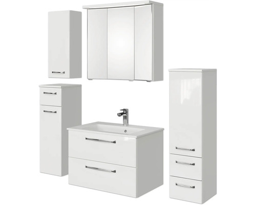 Badmöbel-Set Pelipal Kumba BxHxT 137 x 200 x 50 cm Frontfarbe weiß glanz 5-teilig und mehr mit Mineralguss-Waschtisch weiß, Midischrank, Unterschrank und Wandschrank 99.770121093 Badezimmermöbelset mit Waschtisch, Waschbecken, Spiegelschrank und Hochschränken