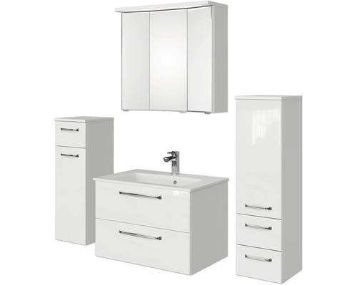 Badmöbel-Set Pelipal Kumba BxHxT 137 x 200 x 50 cm Frontfarbe weiß glanz 5-teilig und mehr mit Mineralguss-Waschtisch weiß, Midischrank und Unterschrank 99.770121092 Badezimmermöbelset mit Waschtischunterschrank, Spiegelschrank und zwei Hochschränken